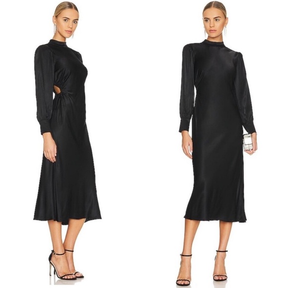Rails Dresses & Skirts - Rails Carmel Satin Crepe Long Puff Sleeve Side Cutout Midi Dress Black small